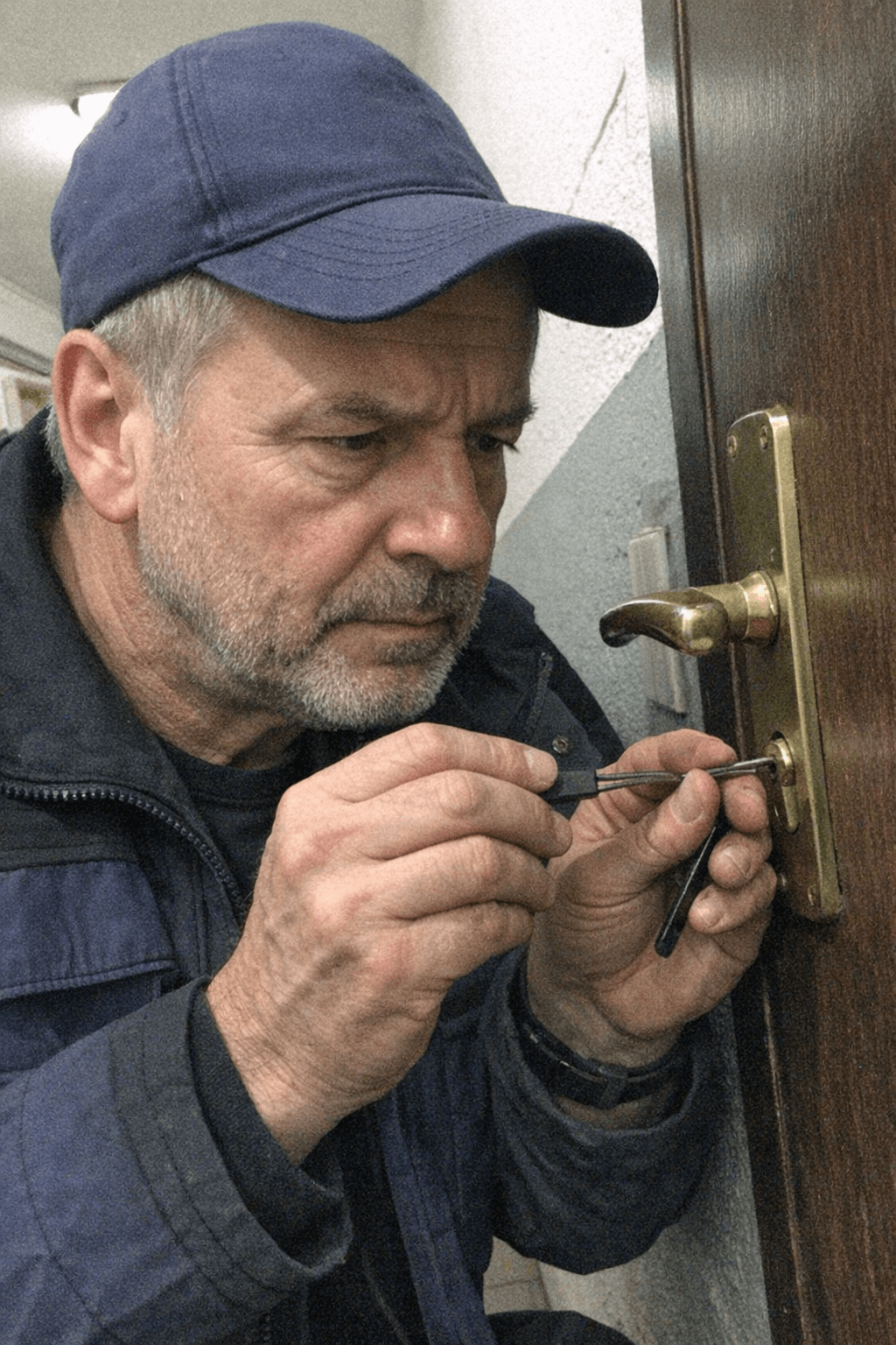 Erfahrener Handwerker betrachtet ein altes Schloss in schwarz-weiß