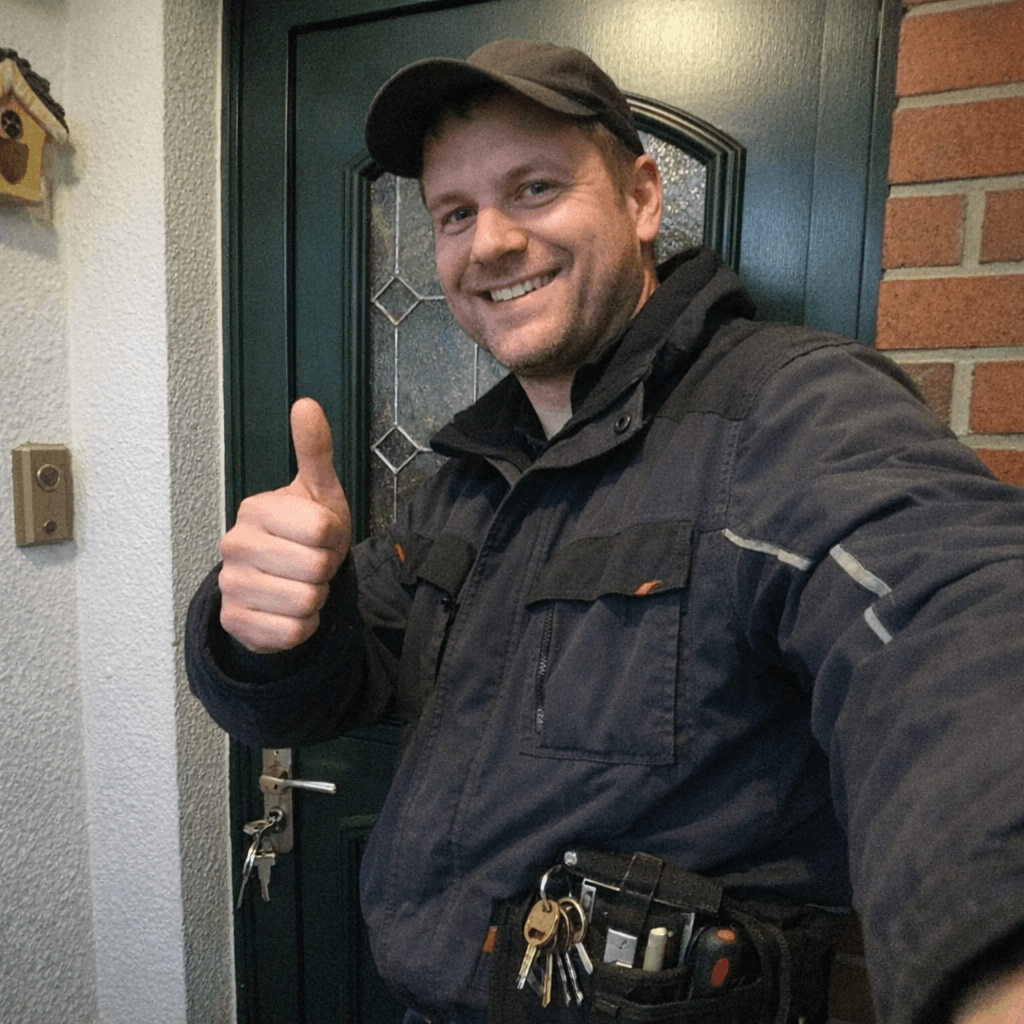 Techniker im Gespräch mit Kunden vor der Haustür