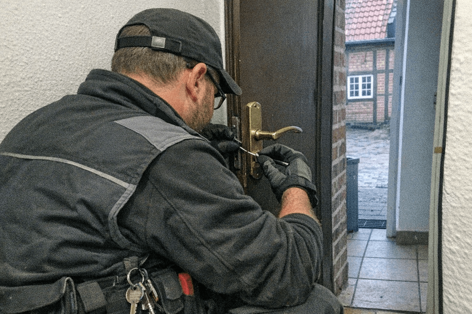 Professioneller Schlüsseldienst Techniker im Einsatz vor Ort