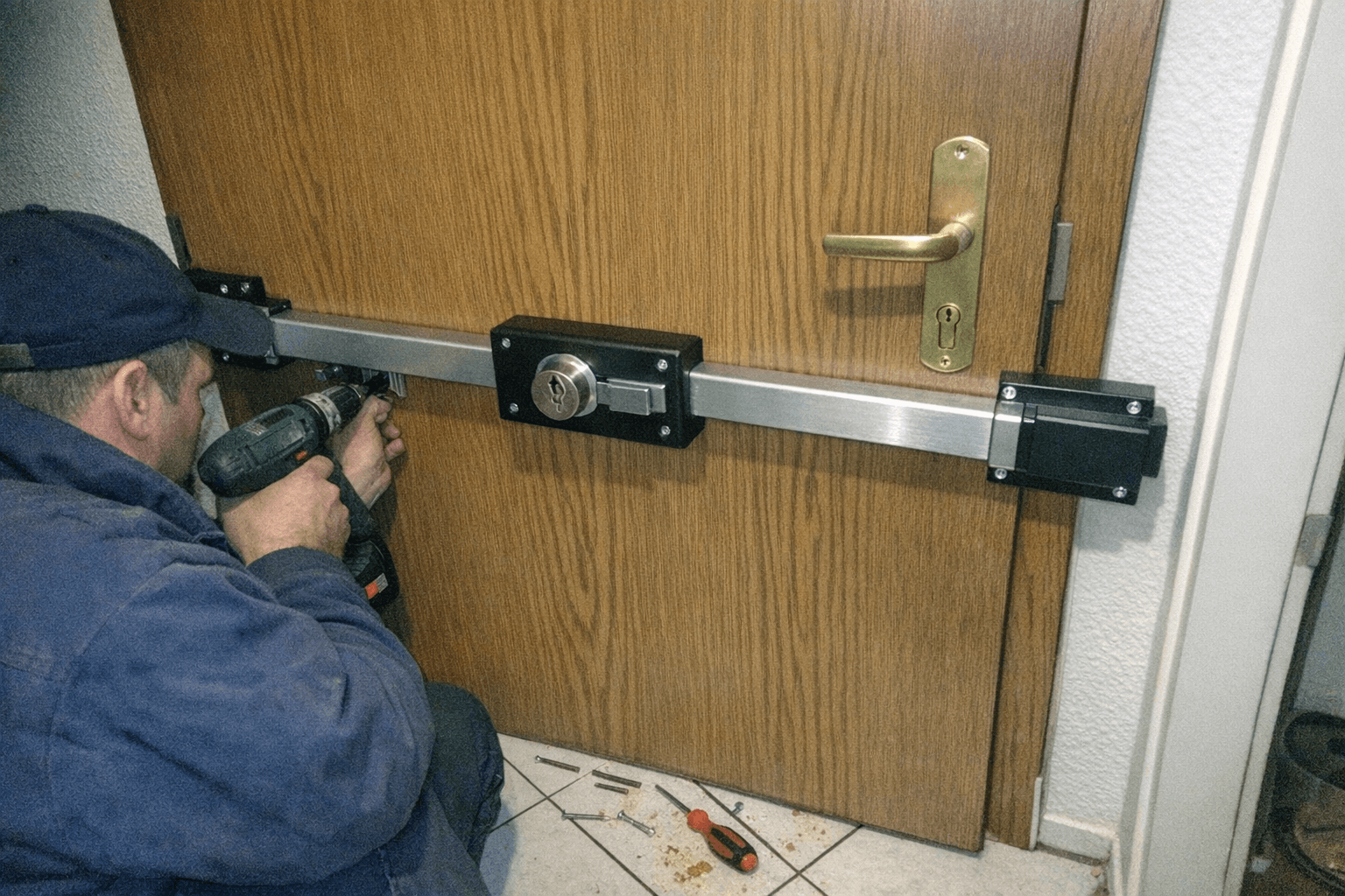 Installation von massiver mechanischer Sicherheitstechnik an einer Holztür